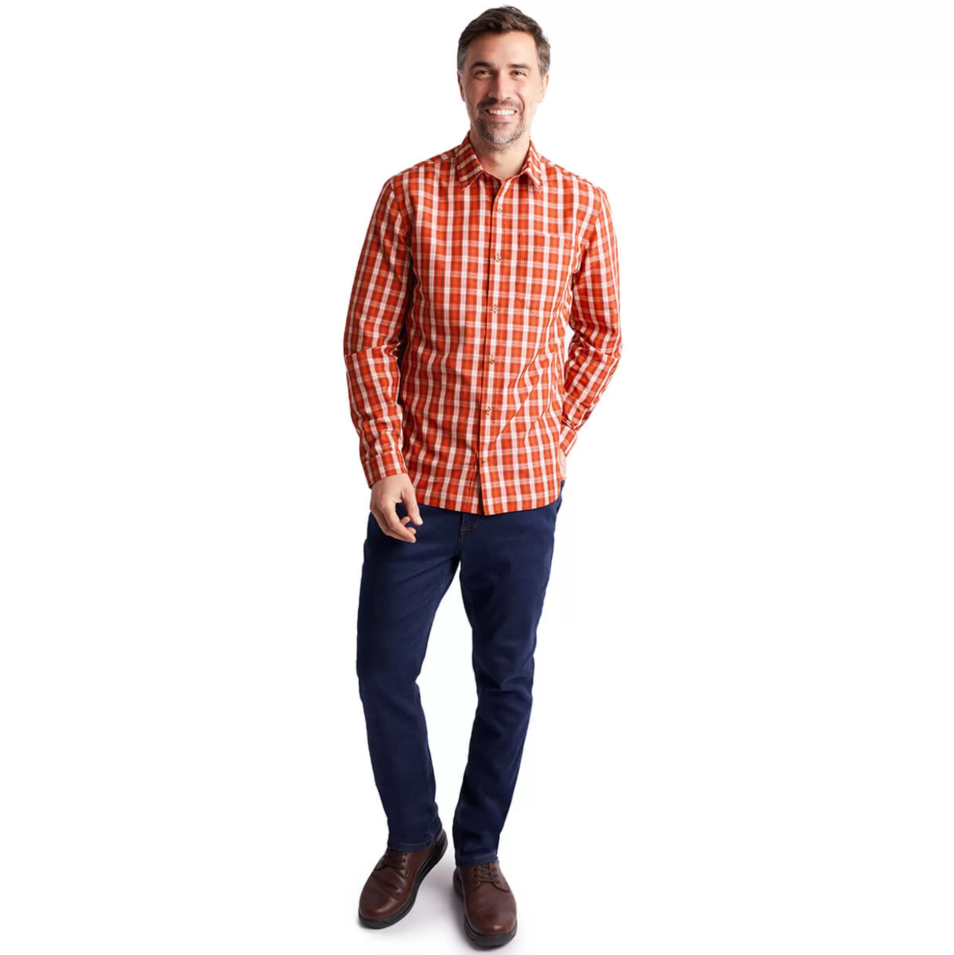 Flash Sale Men'S Coast Long Sleeve Shirt Solar Orange/Auburn Check Men Shirts