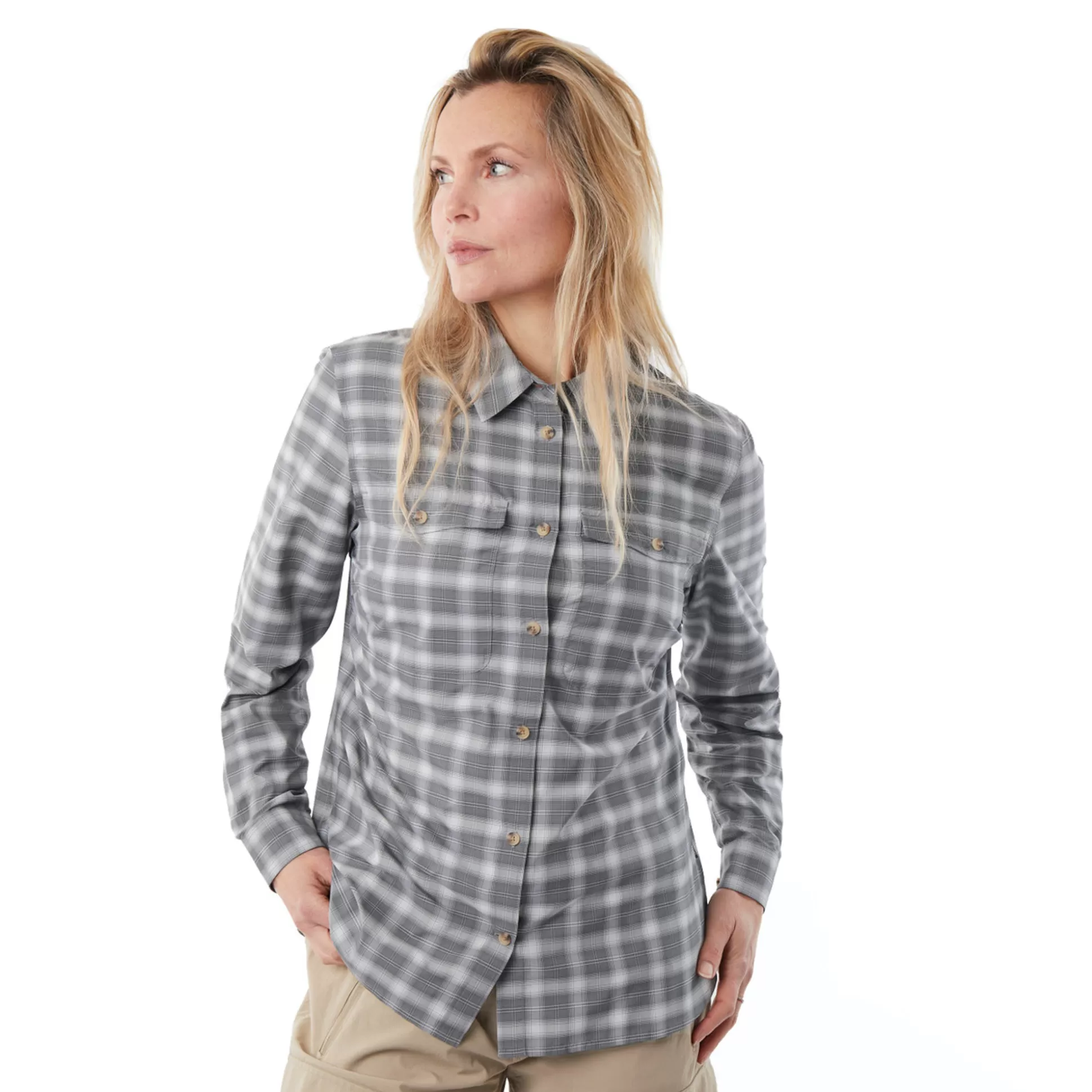 New Women'S Bay Long Sleeve Shirt Grey Rock Check Women High Wicking