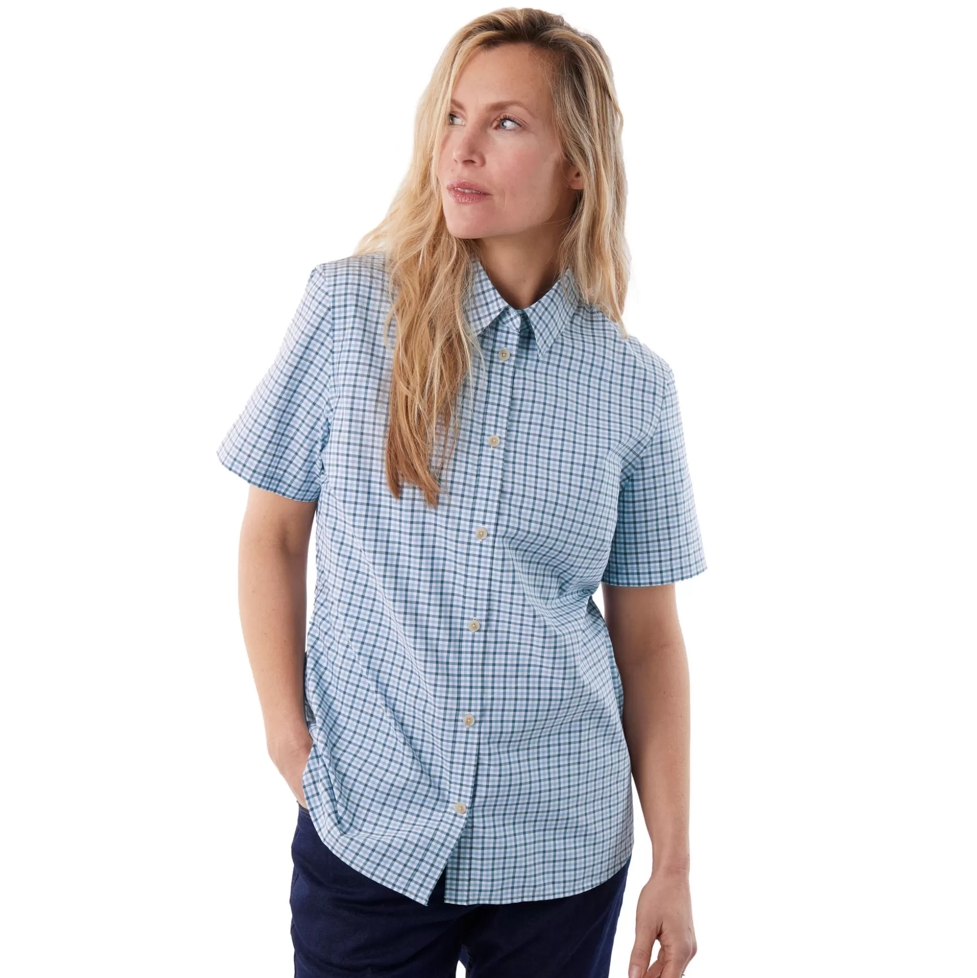 Flash Sale Women'S Eave Short Sleeve Shirt Chambray Blue Gingham Women Shirts