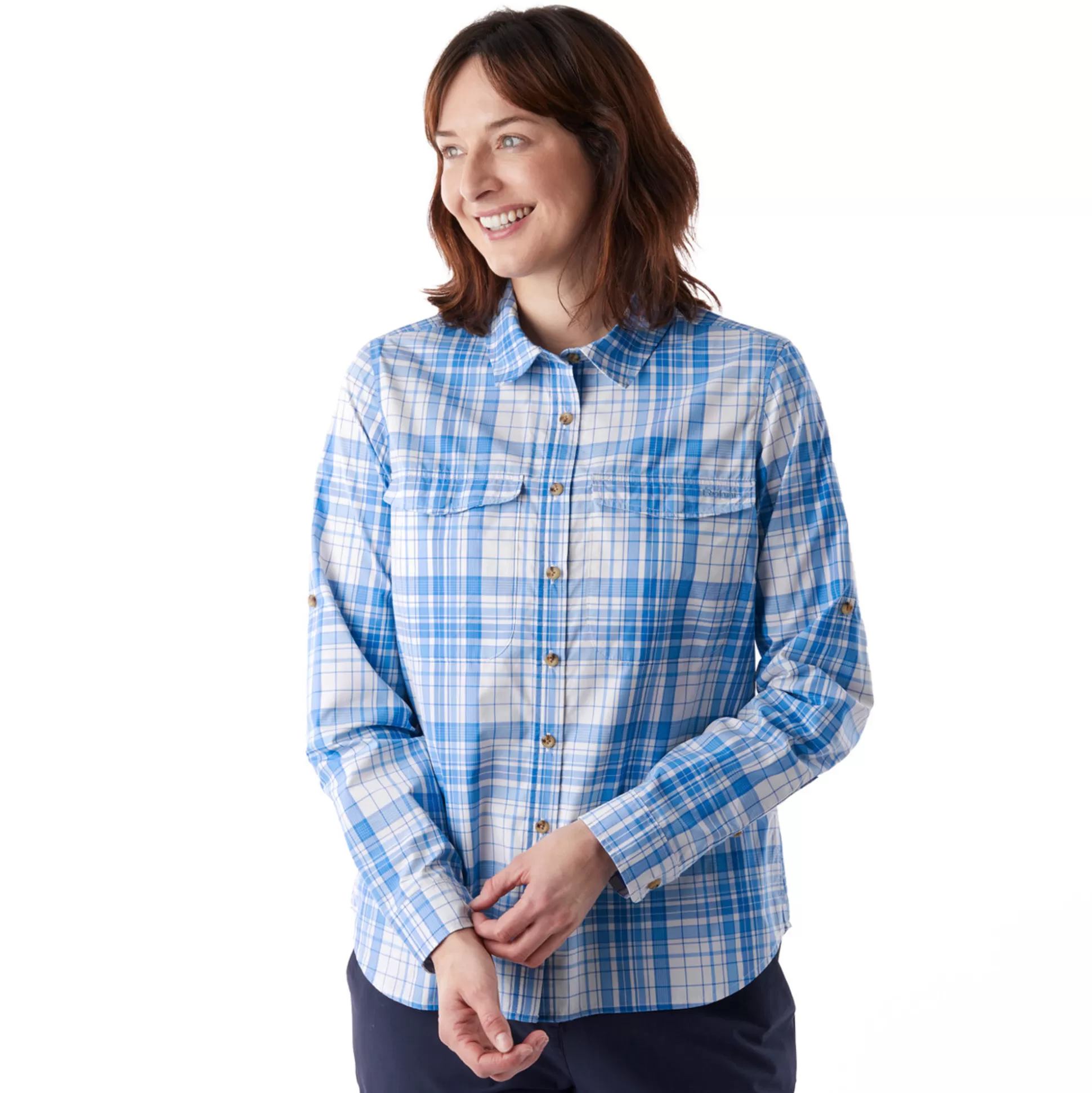 Best Sale Women'S Pennine Long Sleeve Shirt Azure Blue Check Women High Wicking