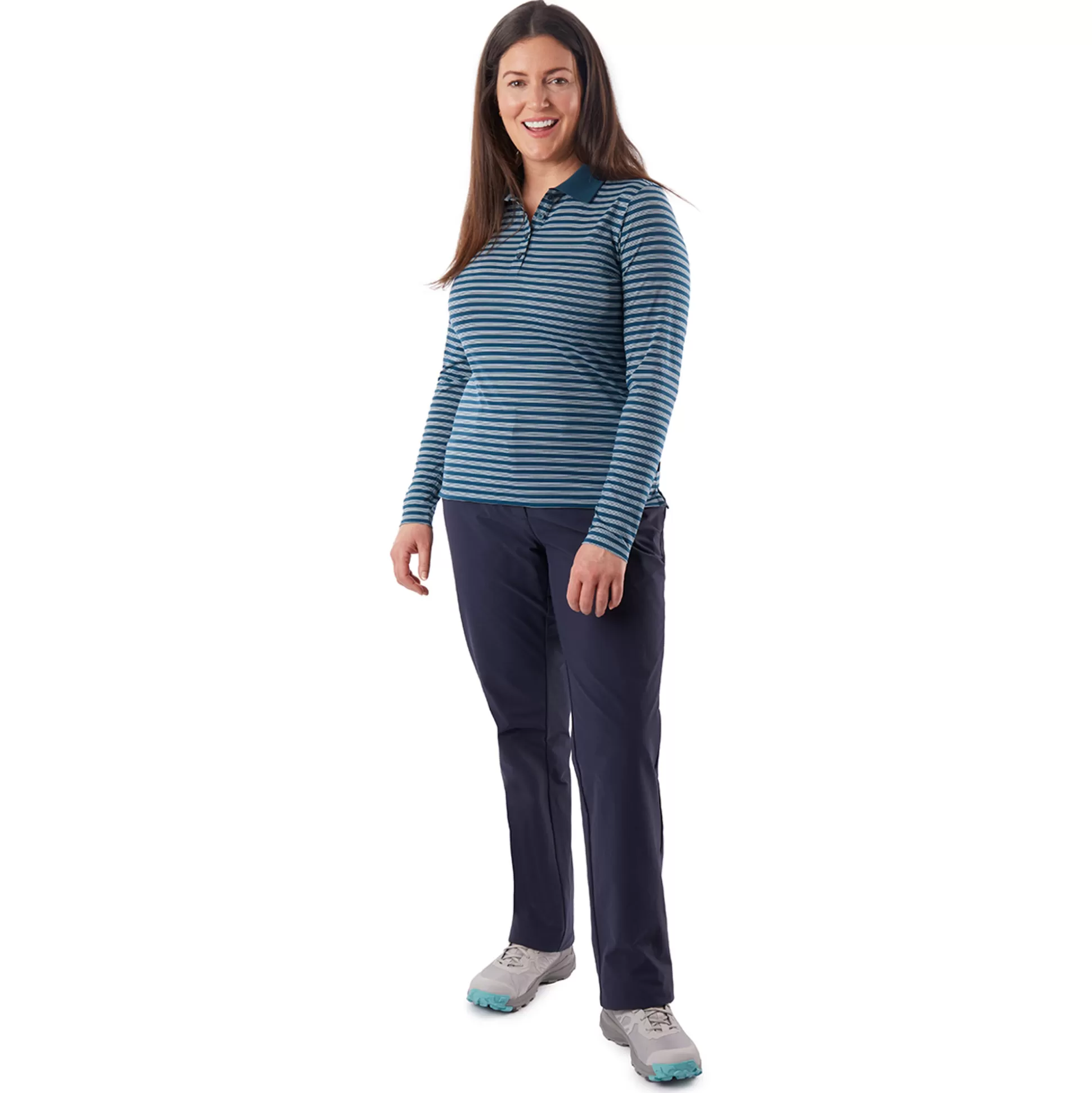 Fashion Women'S Shoreline Long Sleeve Polo Teal Blue Stripe Women T-Shirts & Tops